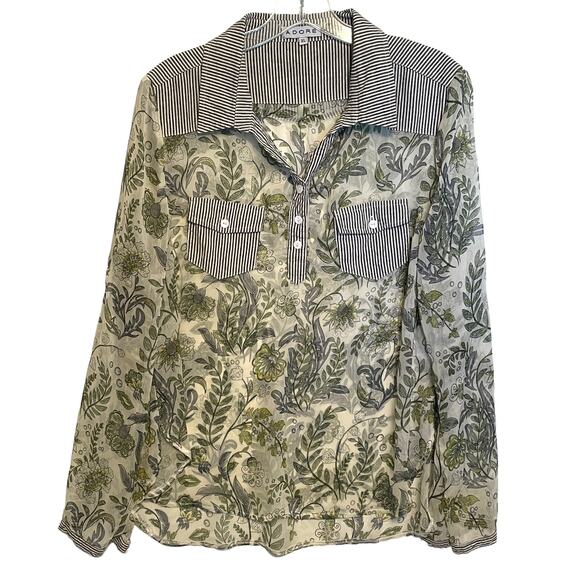 Adore Sheer Floral & Striped Twill Mixed Media Top Women's XL Green Gray Button - Picture 1 of 7